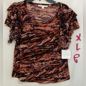 Brown and Black Ruffled Short Sleeve Blouse